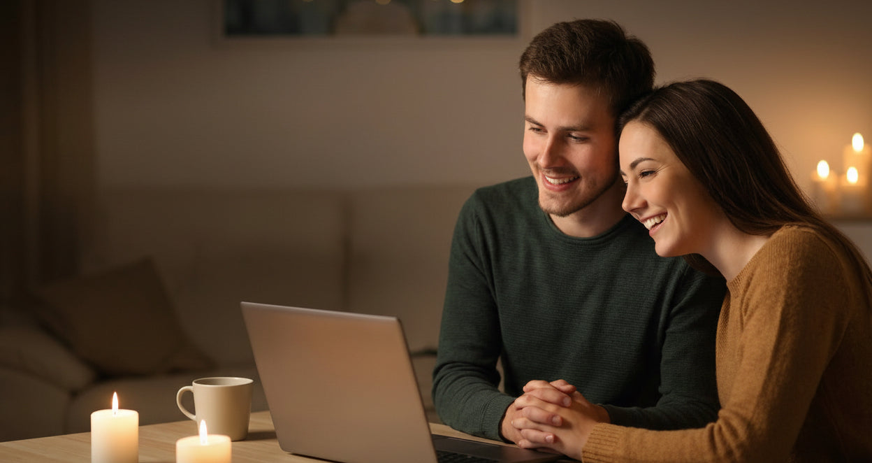 Couple using a laptop with 'MinVow' and 'SoundVow' branding, emphasizing 'Perfect Vows Zero Stress'.
